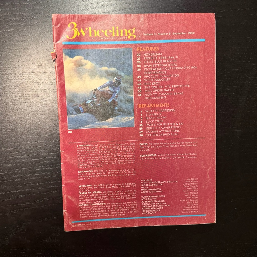 Vintage 3 Wheeling Magazine Sept 1982 Honda ATC Baja Racing ATV Vol 3 No 8